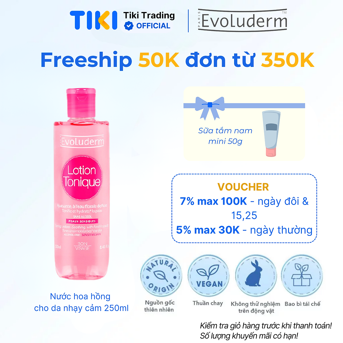 Nước hoa hồng Evoluderm se khít lỗ chân lông, dưỡng ẩm & làm sạch 250ml