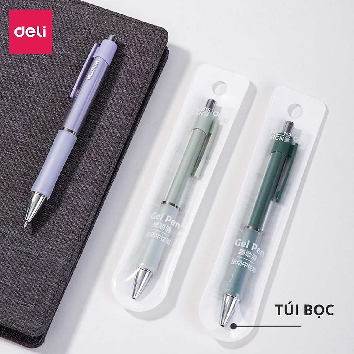 Bút Bi Nước Mực Gel Màu Đen Cao Cấp Ngòi 0.5mm Có Đệm Tay Deli - 4 Màu Sắc Thời Trang BST Văn Phòng Phẩm Cao Cấp Nusign - NS645