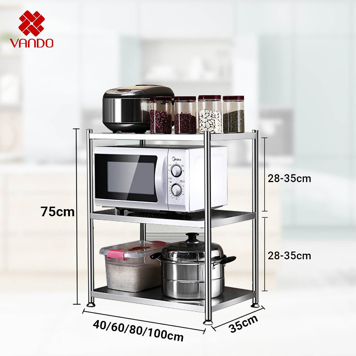 Kệ Đa Năng Để Lò Vi Sóng INOX Trắng Cao Cấp Chống Han Gỉ Kệ Để Đồ Nặng Siêu Gọn Cho Nhà Bếp VANDO