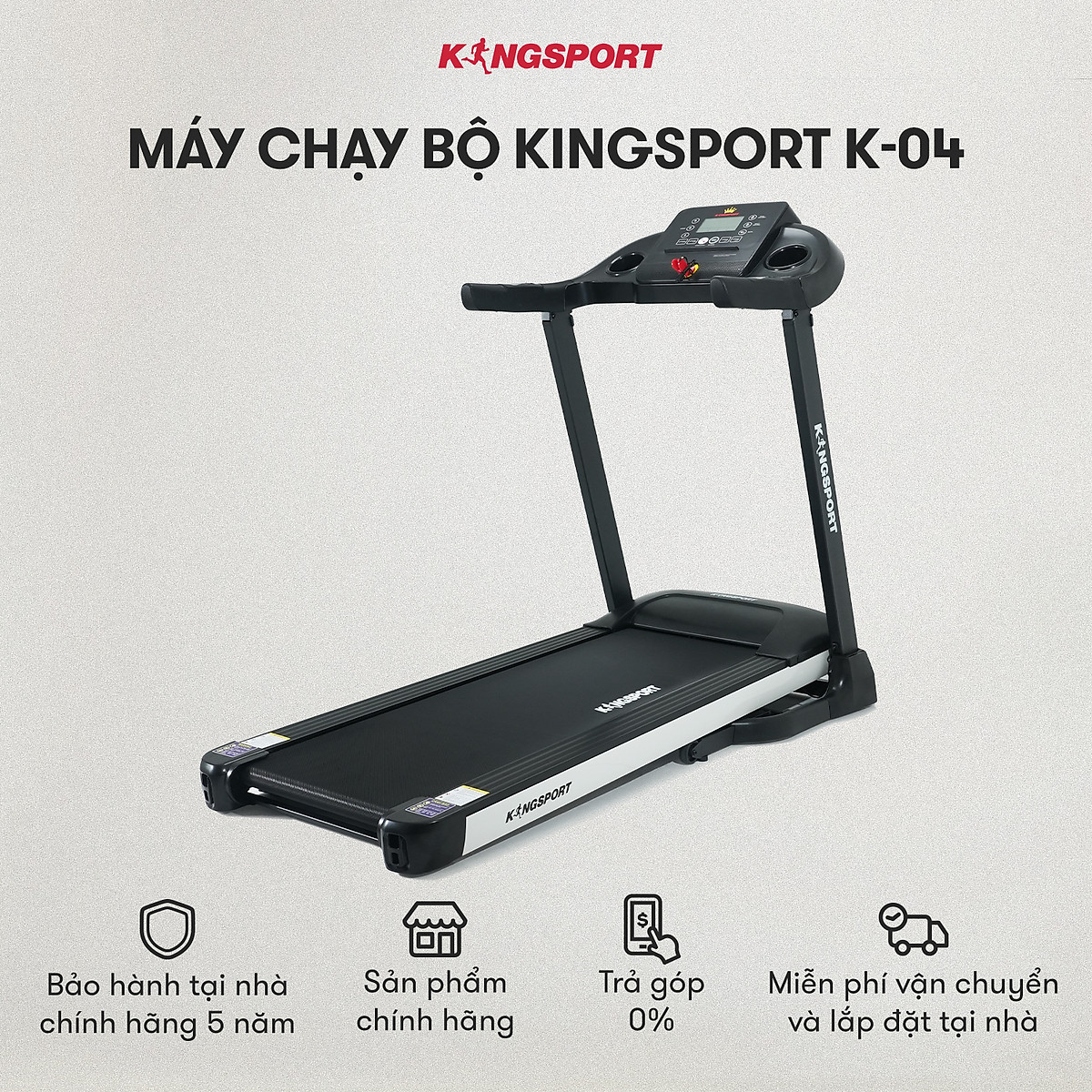 CHỈ GIAO MIỀN NAM Máy chạy bộ KINGSPORT Plus K-04 đơn năng,thảm chạy rộng chống trơn, thiết kế nhỏ gọn, cân nặng phù hợp từ dưới 70kg