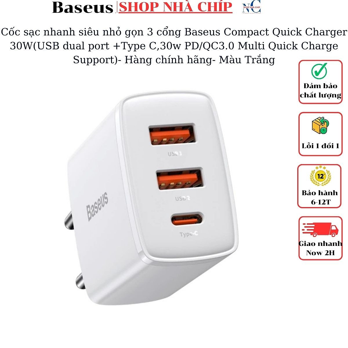 Cốc sạc nhanh siêu nhỏ gọn Baseus Compact Quick Charger 30W(USB dual port +Type C,30w PD/QC3.0 Multi Quick Charge Support)- Hàng chính hãng