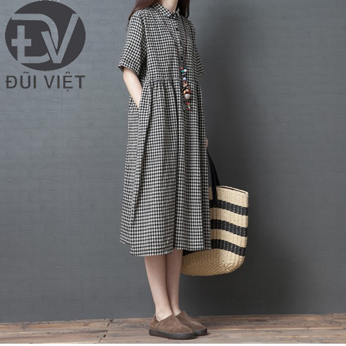Đầm Midi Cổ Sen Tay Ngắn Dáng Suông Kẻ Caro, Váy babydoll Nữ Đũi Việt Dv158