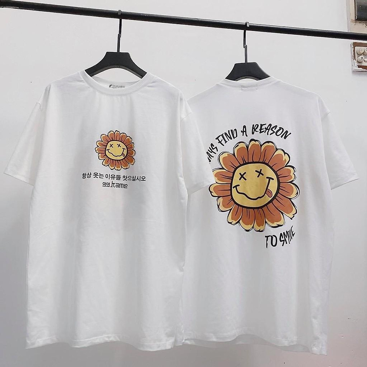 Áo thun tay lỡ form rộng in hình hoa mặt cười, hình in to và cực đẹp, có size to(Big size), phong cách Unisex AL11
