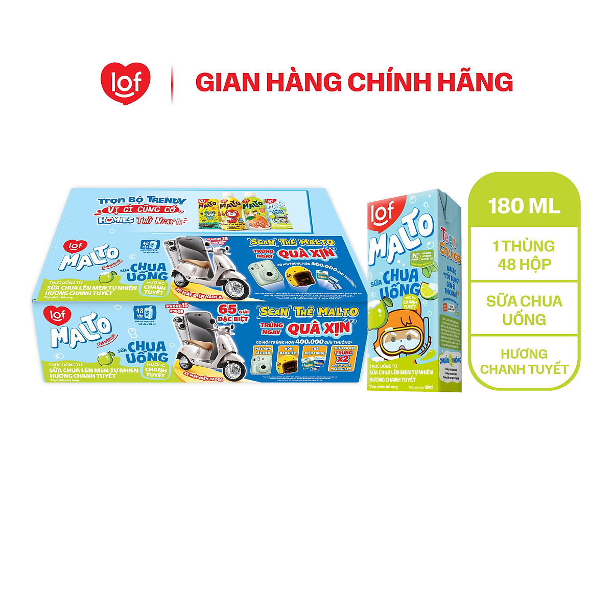 Thùng 48 hộp Sữa chua uống hương chanh tuyết LOF MALTO 180ml/hộp
