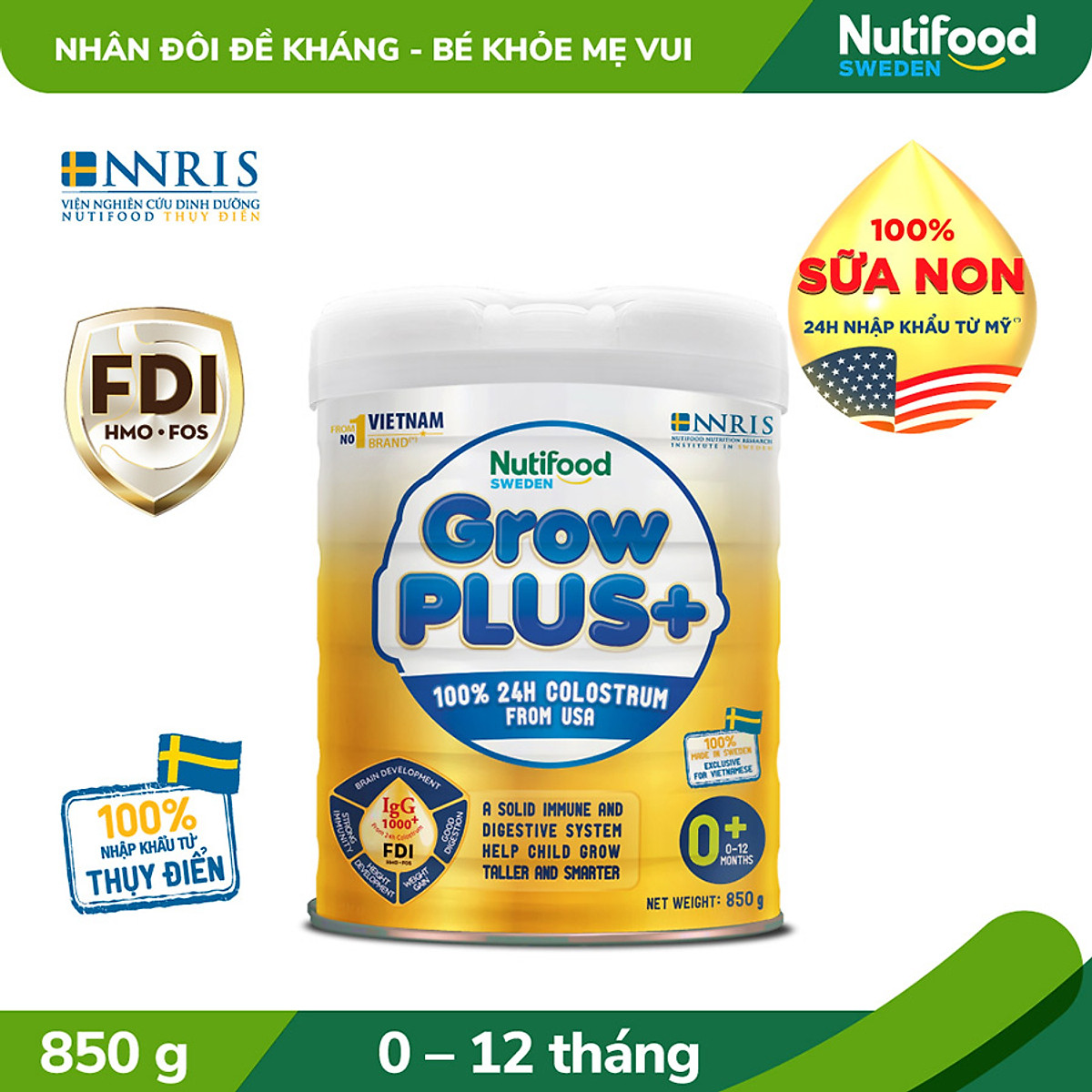 Sữa bột GrowPLUS+ Vàng - Sữa non tăng đề kháng 0-12 tháng Lon 850g