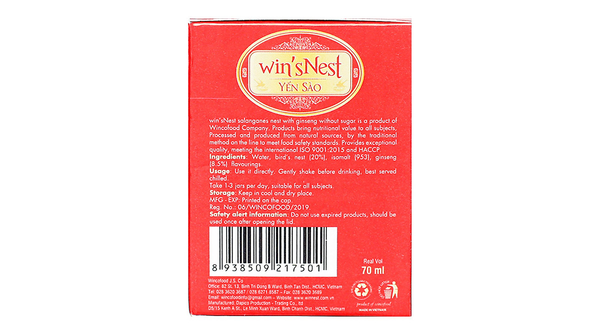 Combo 12 lọ Yến Sào Win'snest Tổ Yến Chưng Sẵn Nhân Sâm Không Đường 20% (70ml/ Lọ)