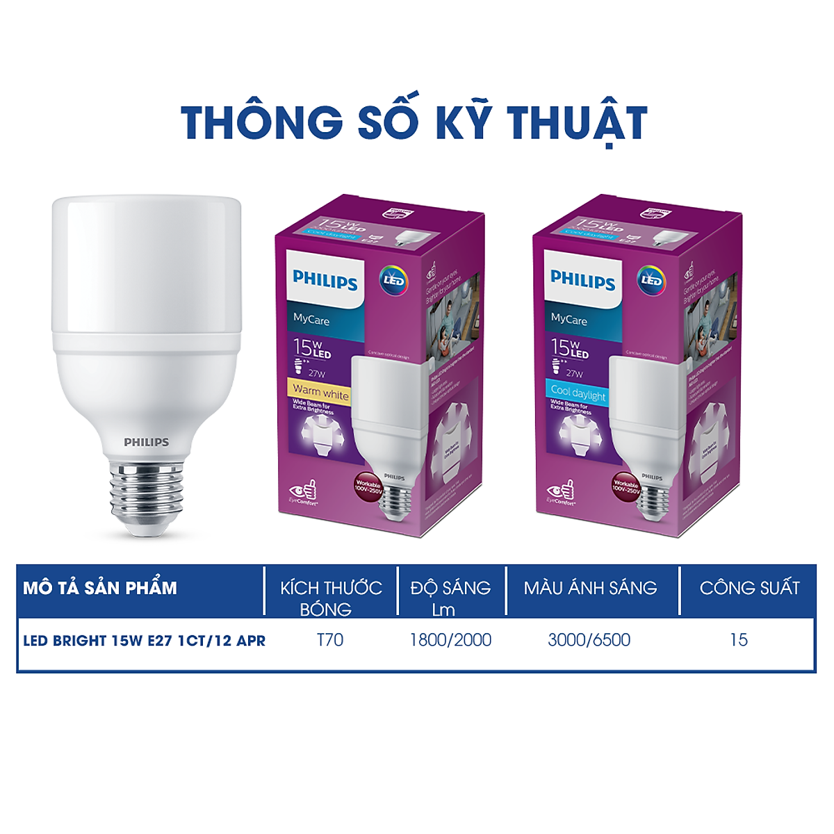 Bóng đèn Philips LED Bright E27 bảo vệ mắt, ánh sáng vàng, ánh sáng trắng (01 bóng)