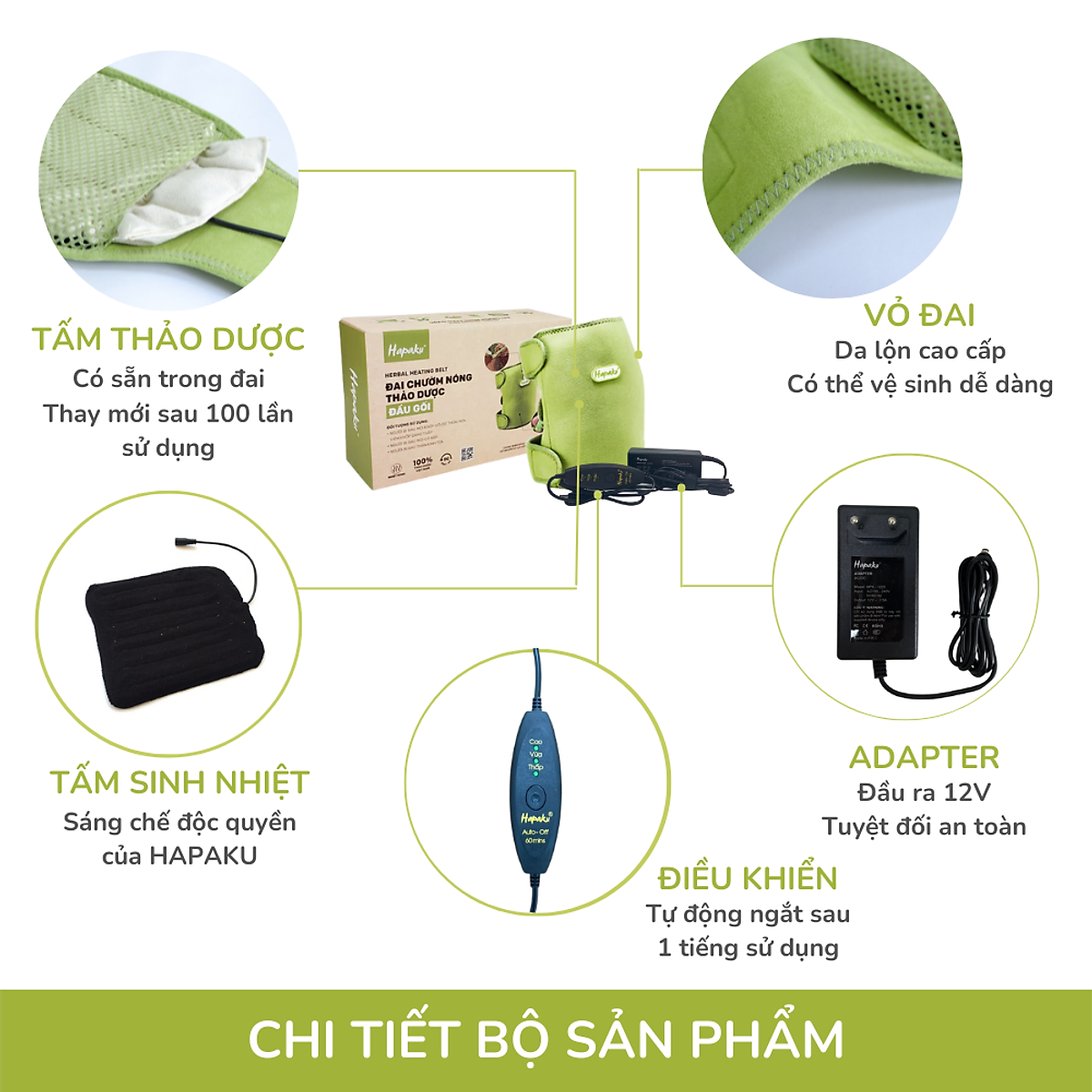 Bộ đai chườm nóng thảo dược giảm đau đầu gối dùng điện - Hapaku