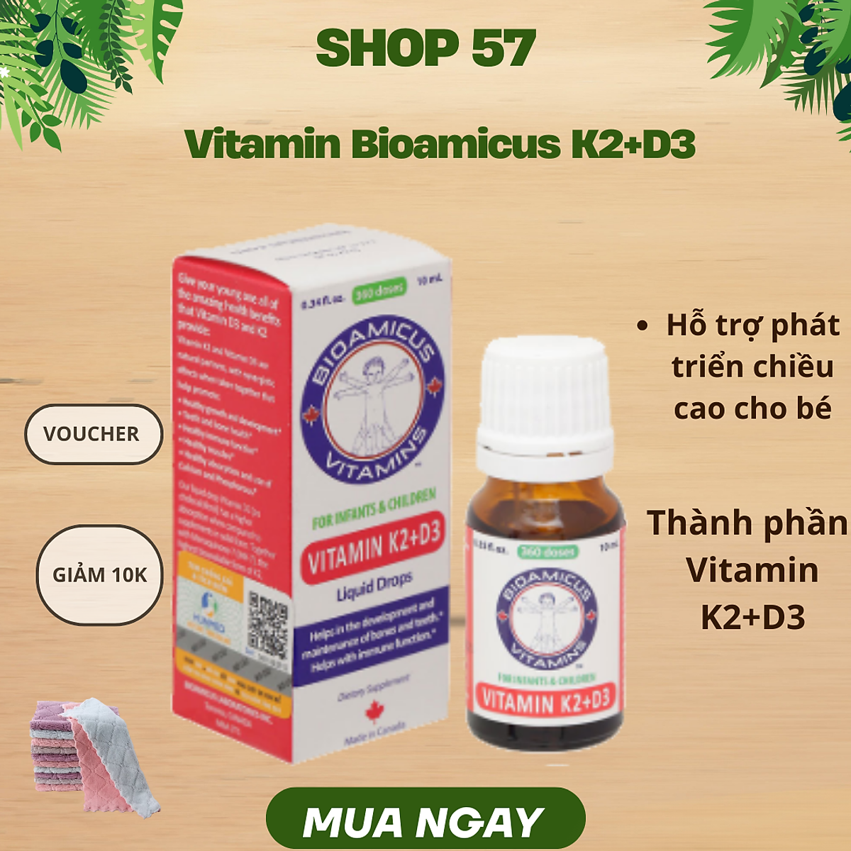 BIOAMICUS BioAmicus Vitamin D3 & K2 MK7 -SX tại Canada- giúp bé tăng hấp thu canxi