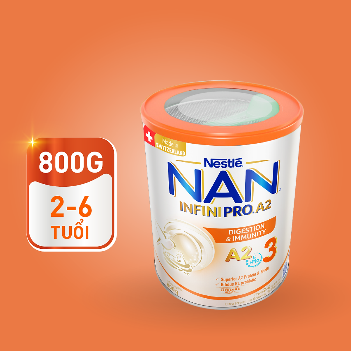 Sữa bột NAN INFINIPRO A2 800g Thụy Sĩ 3 với đạm quý A2 tiêu hóa tốt sau 7 ngày và 5HMO tăng cường đề kháng​ (2 - 6 tuổi)