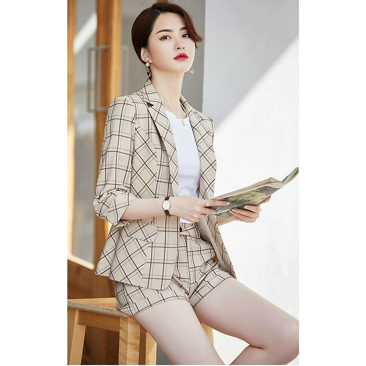 Set Bộ Vest Xám Caro Quần Short Kèm áo Thun  ANNSHOPVN