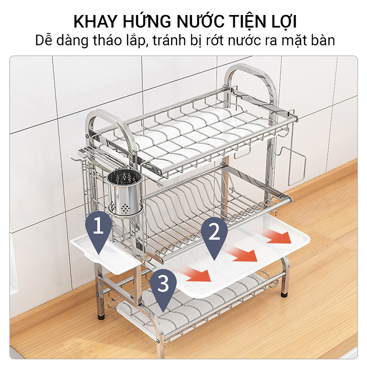Kệ Úp Chén Bát Đĩa INOX 304 Kèm Khay Hứng Nước Giá Khô Ráo Trên Bàn Bếp