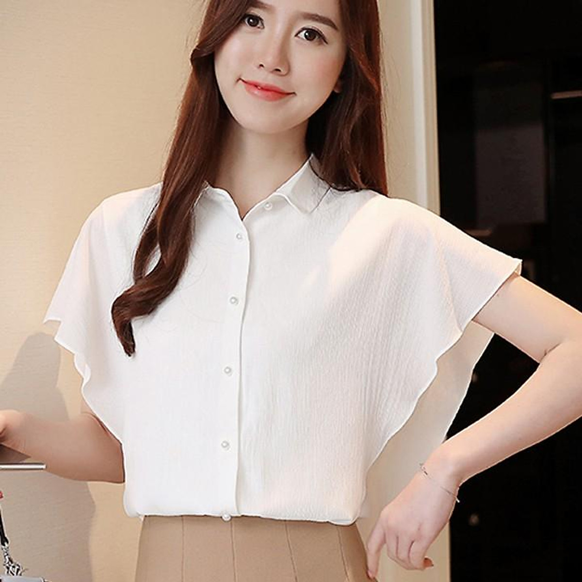 Áo sơ mi nữ đẹp tay ngắn công sở màu Đen Trắng Xanh Be kiểu Hàn Quốc form  rộng chất lụa cao cấp LEERY SM-02 - MixASale