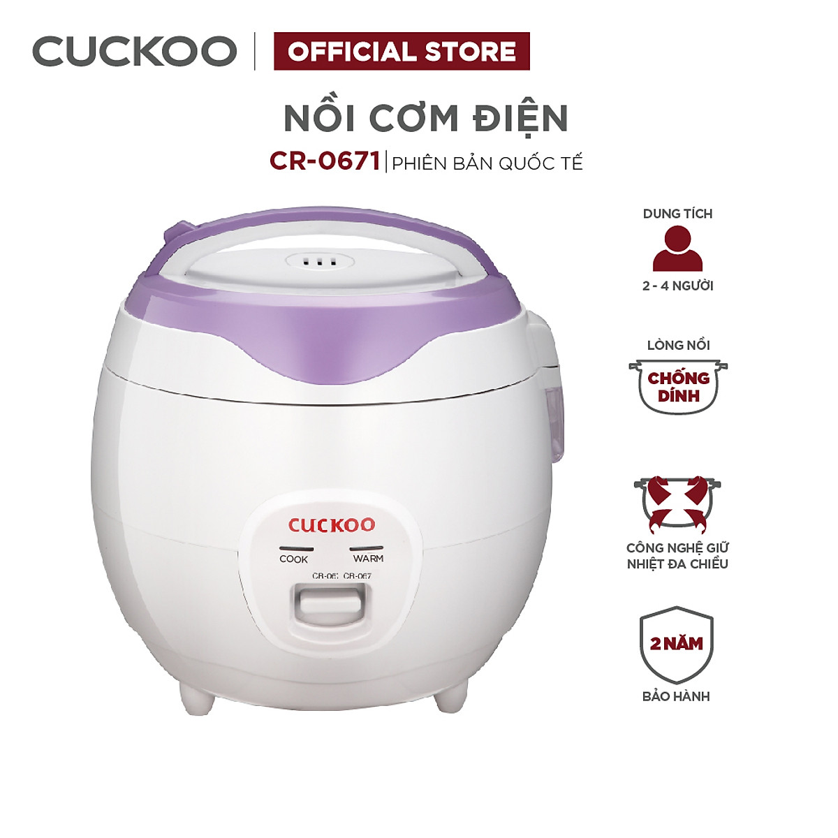 Nồi cơm điện Cuckoo 1.08L CR-0671 - Lòng nồi chống dính - Tiết kiệm điện - Hàng chính hãng Cuckoo Vina