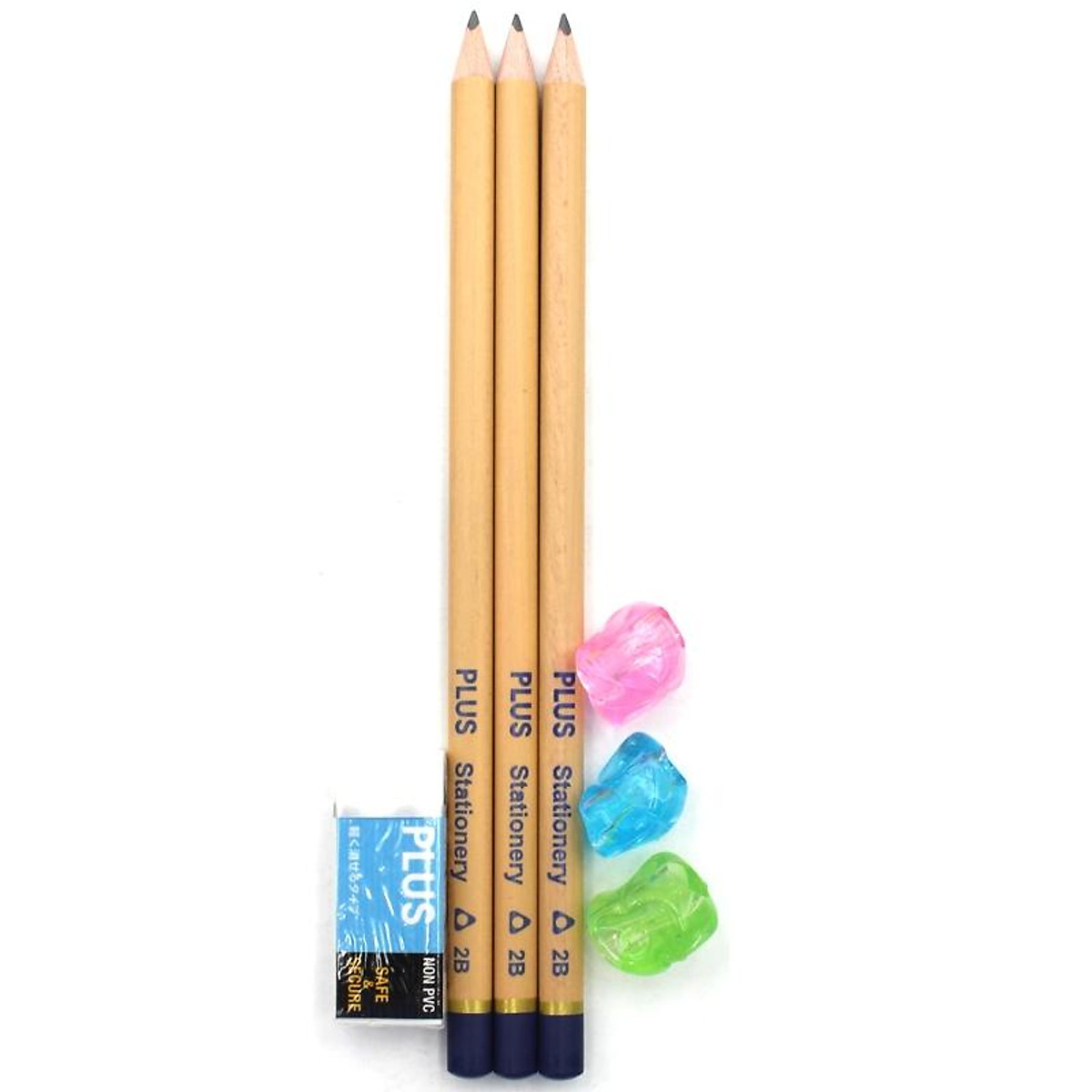 Bộ Bút Chì Tam Giác 3 Cây 2B + Gôm Nhỏ + 3 Đệm Tay Cầm - Plus-600-V013