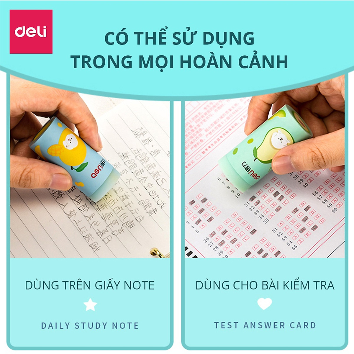 Tẩy hình trụ Deli hình vẽ hoa quả nhiều màu - Hồng/ Xanh dương/ Xanh ngọc - 71053