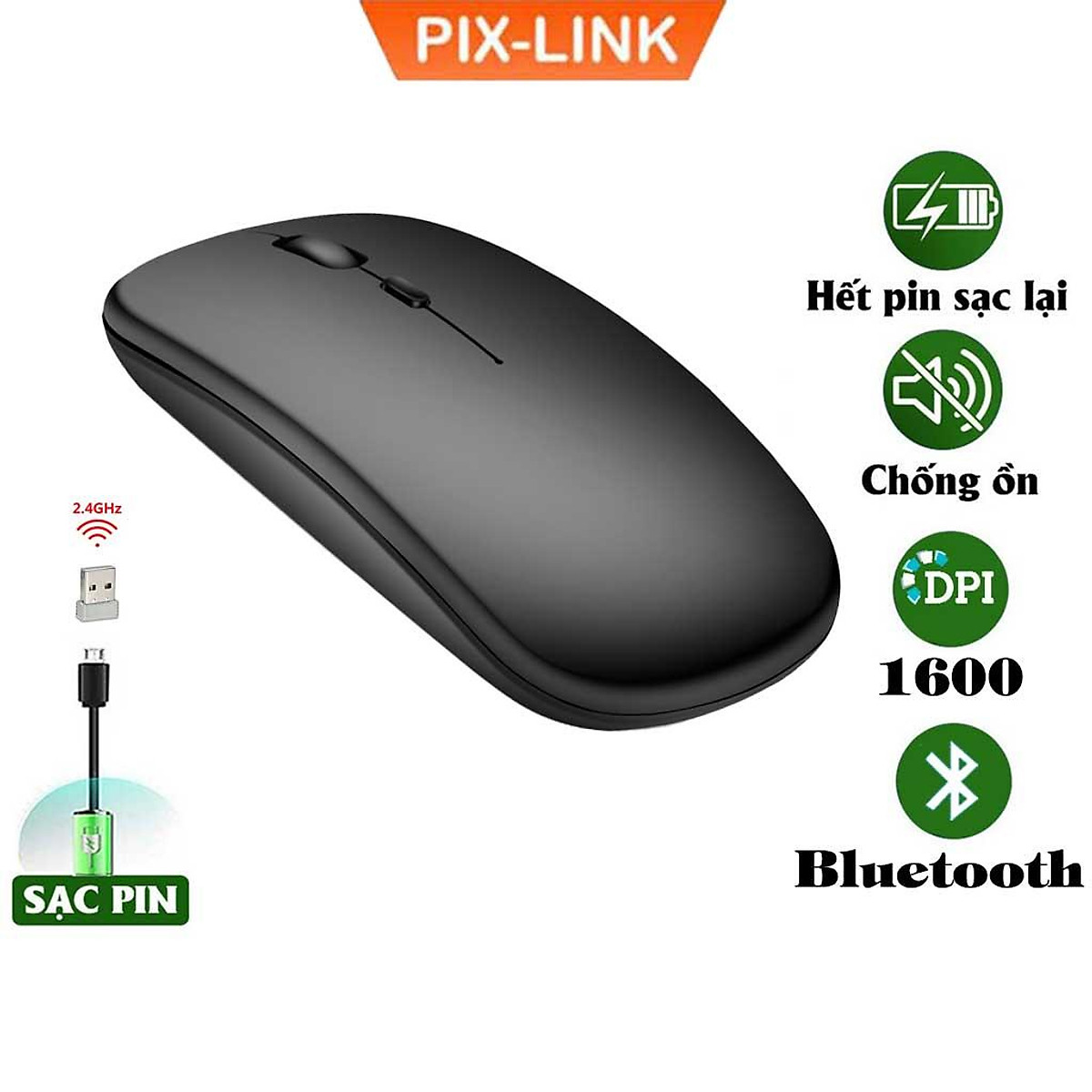 Chuột Bluetooth Không Dây PIX-LINK P90A Wireless USB Tự Sạc Pin Siêu Mỏng, Chống Ồn - Hàng Chính Hãng
