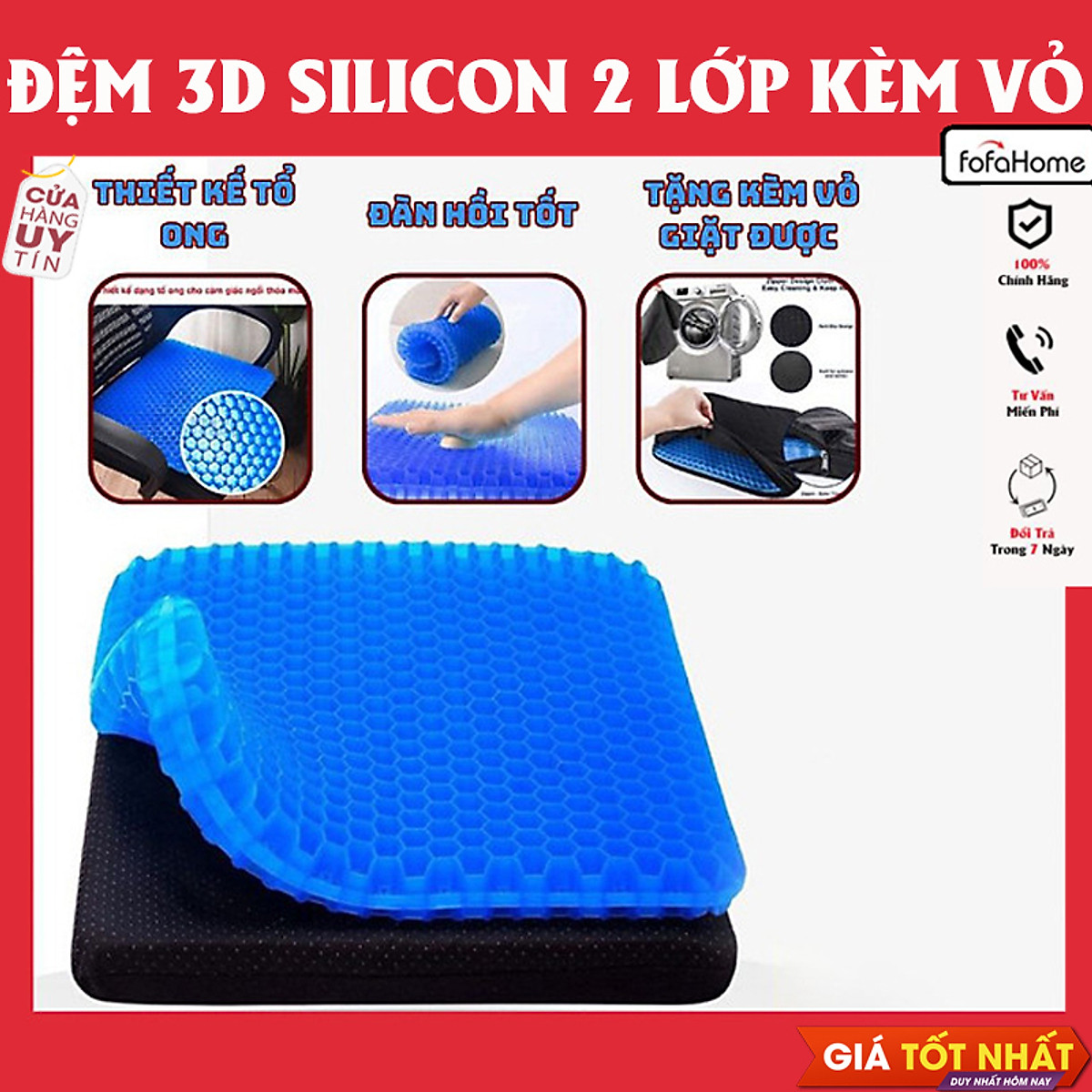 Đệm/ Nệm Ngồi 2 Lớp 3D Silicon Cao Cấp Thoáng kKhí Ghế Văn Phòng Chống Đau Mỏi - Cấu Trúc Tổ Ong 3D Tặng Kèm Vỏ Theo