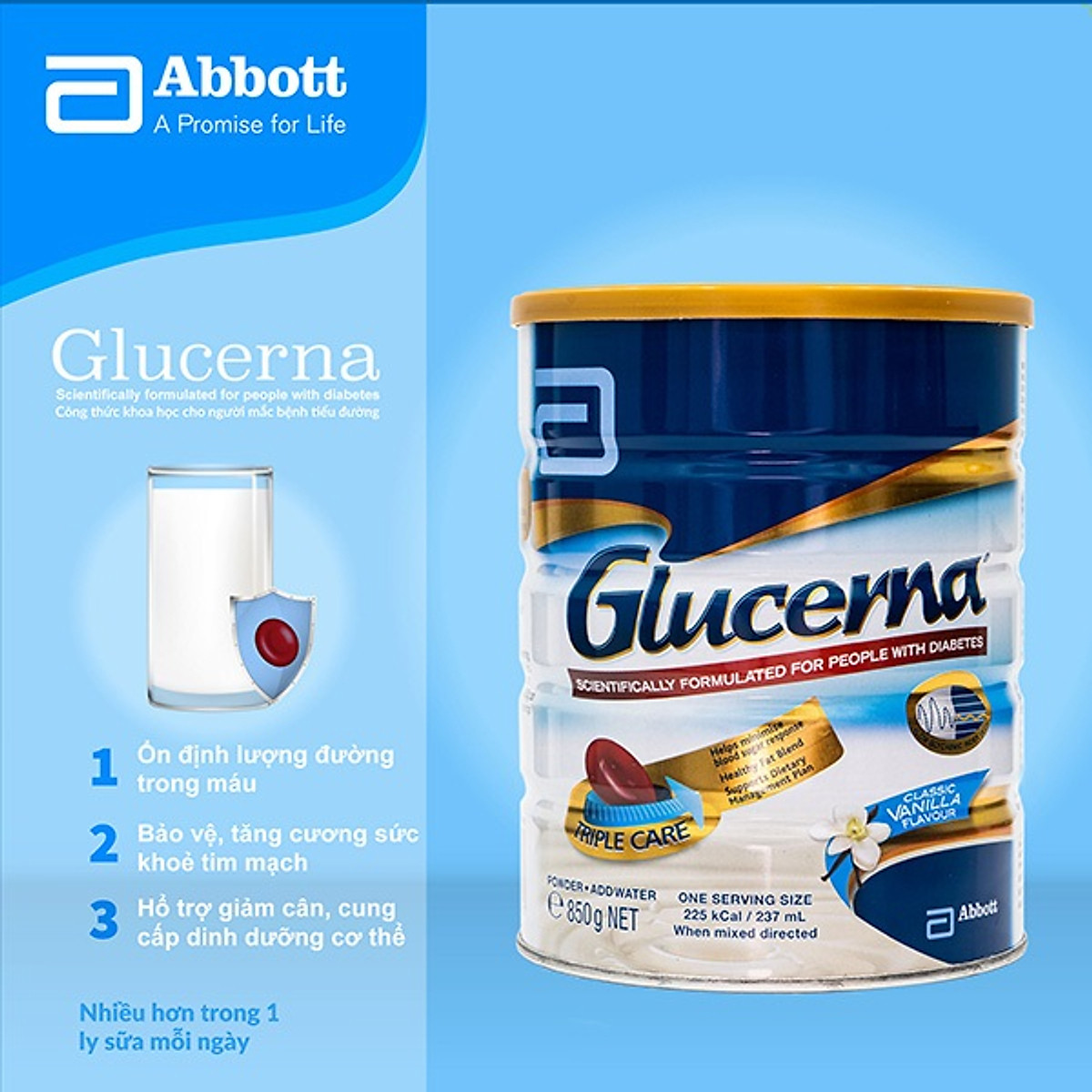 Sữa Dành Cho Người Tiểu Đường Abbott Glucerna Úc Bổ Sung Đầy Đủ Dinh Dưỡng Và Cân Bằng Đường Huyết - Lon 850g