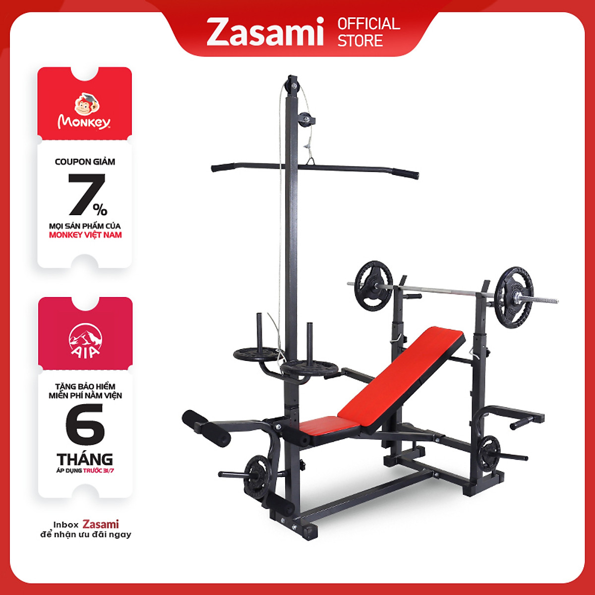 Giàn tạ đa năng 8210 Zasami kèm 50kg tạ gang , đòn tạ 1m5, 1 găng tay tập tạ ( Màu ngẫu nhiên )