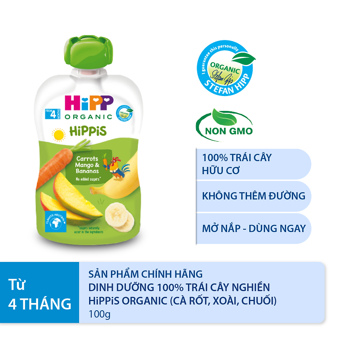 Thức ăn dặm Dinh dưỡng 100% trái cây nghiền hữu cơ HiPPiS Organic (Cà rốt, xoài và chuối) 100g