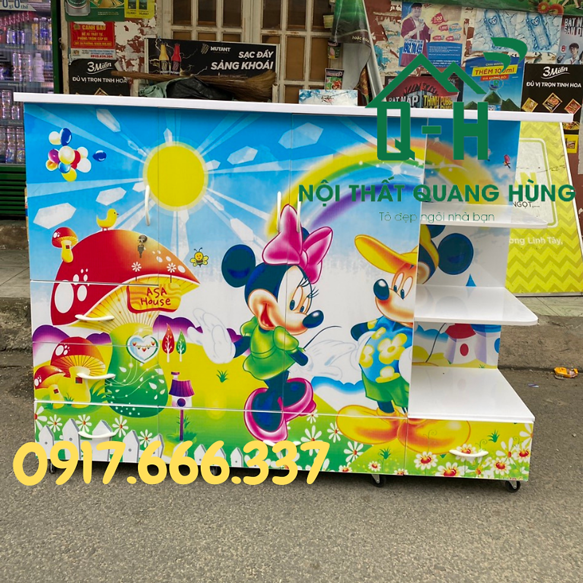 TỦ NHỰA ĐÀI LOAN 3 CÁNH 5 NGĂN KÉO CÓ KỆ IN 3D CHUỘT MICKEY DÀNH