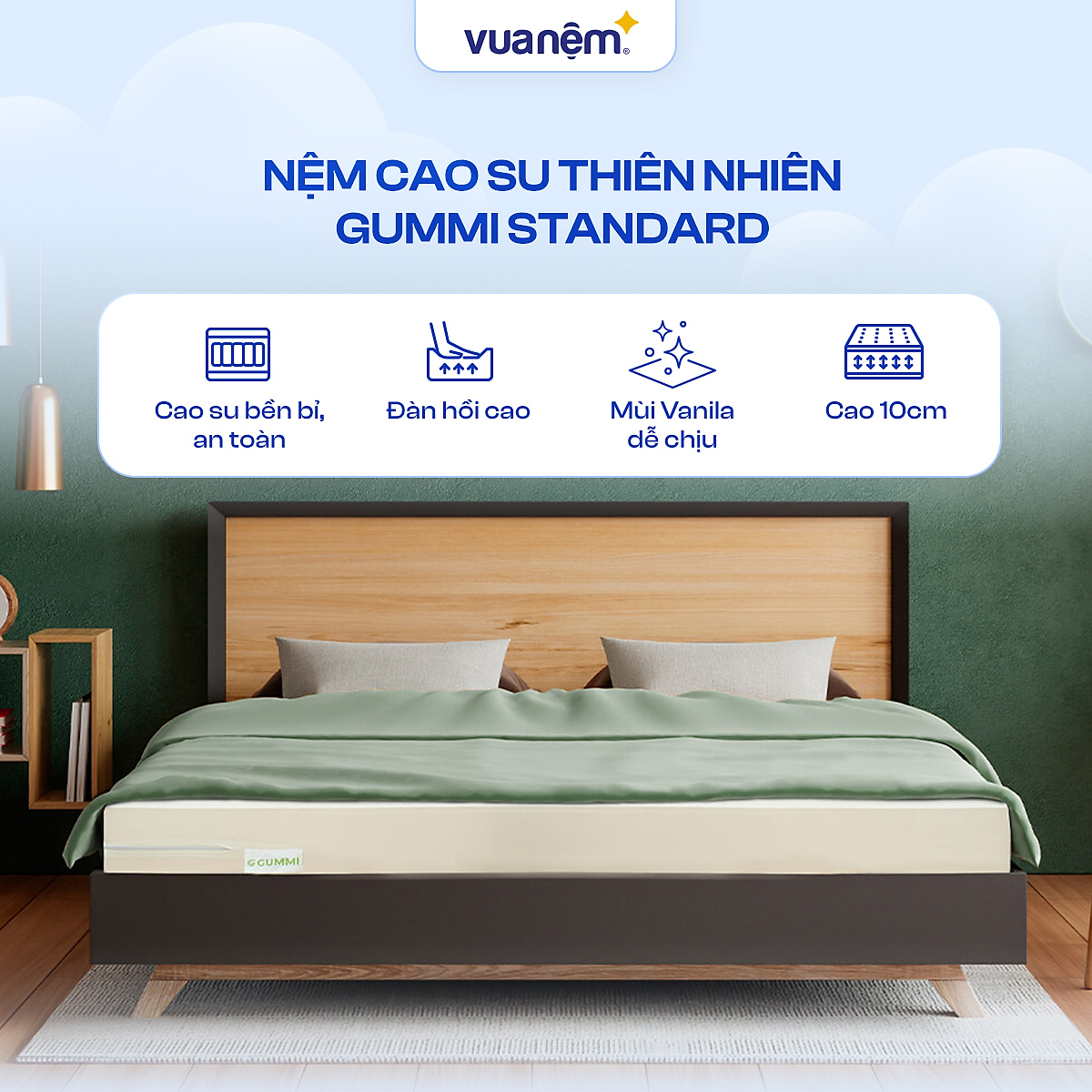 Nệm cao su 100% tự nhiên cao cấp Gummi Standard 2.0 10cm tại Vua Nệm - Nâng đỡ vượt trội, thoáng kí tối ưu