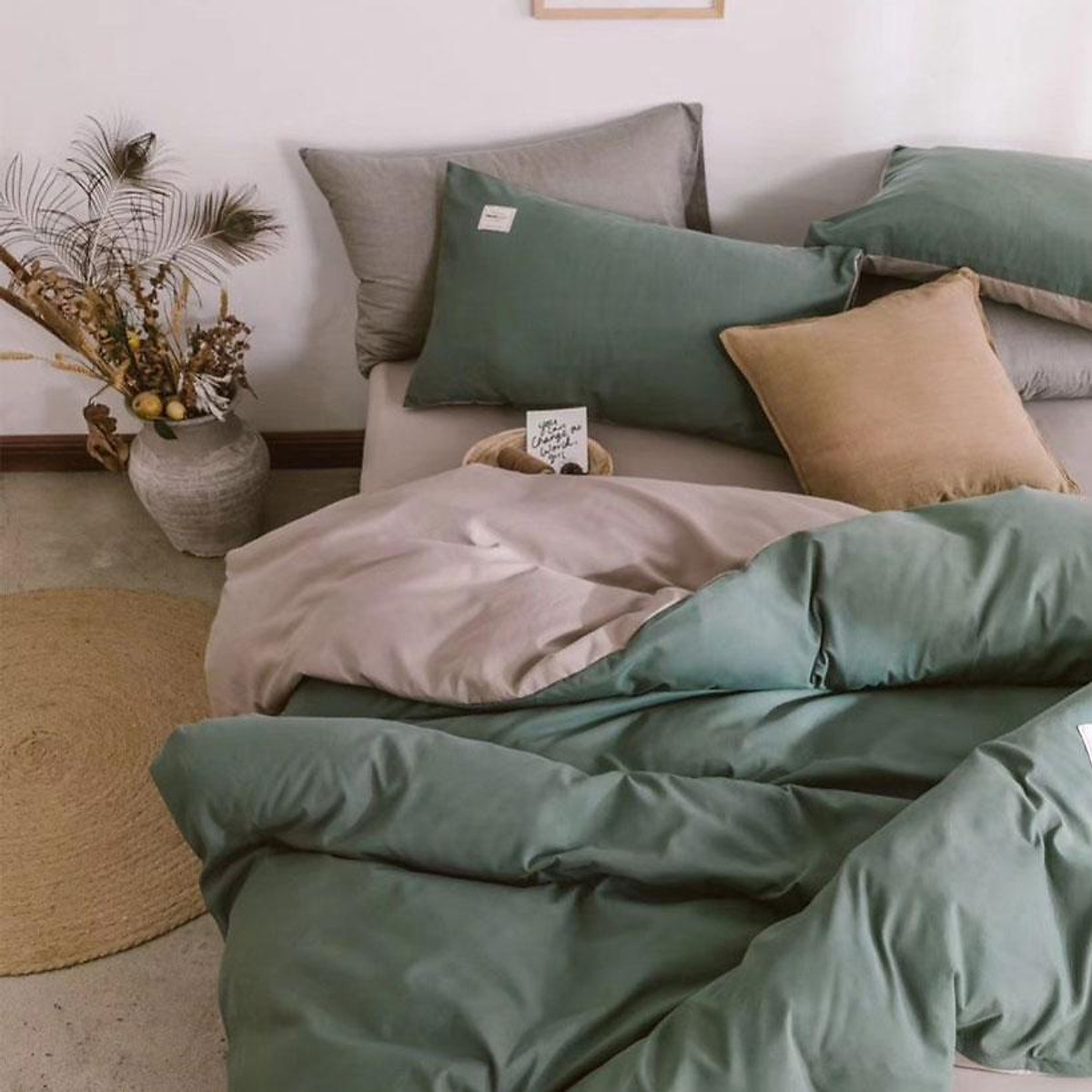 Bộ Chăn Ga Gối Cotton Tici LIDACO - Xanh Rêu Ga Xám