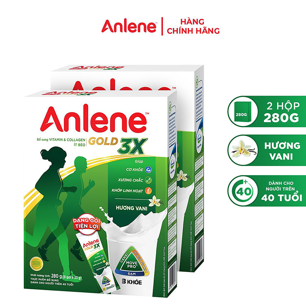Combo 02 Sữa bột Anlene Gold 3X dạng gói tiện lợi 280g (8 gói x 35g)