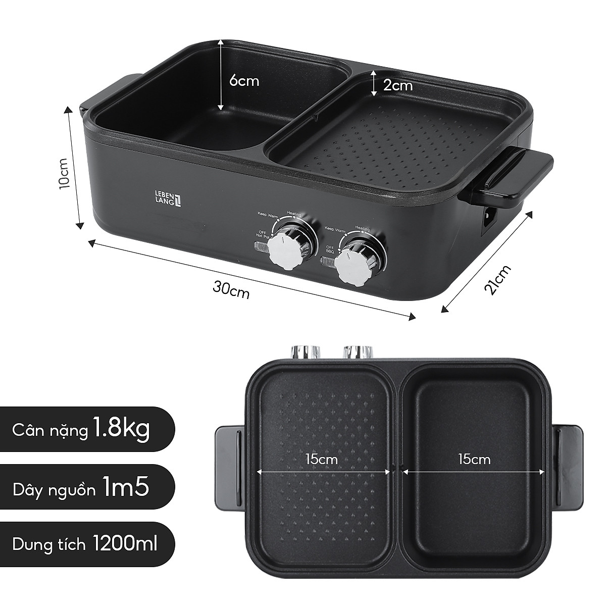 Nồi lẩu điện 2 ngăn mini Lebenlang LBL8583, bếp lẩu nướng 2in1 công suất 1300W, 1200ml nhanh gọn tiện lợi - hàng chính hãng