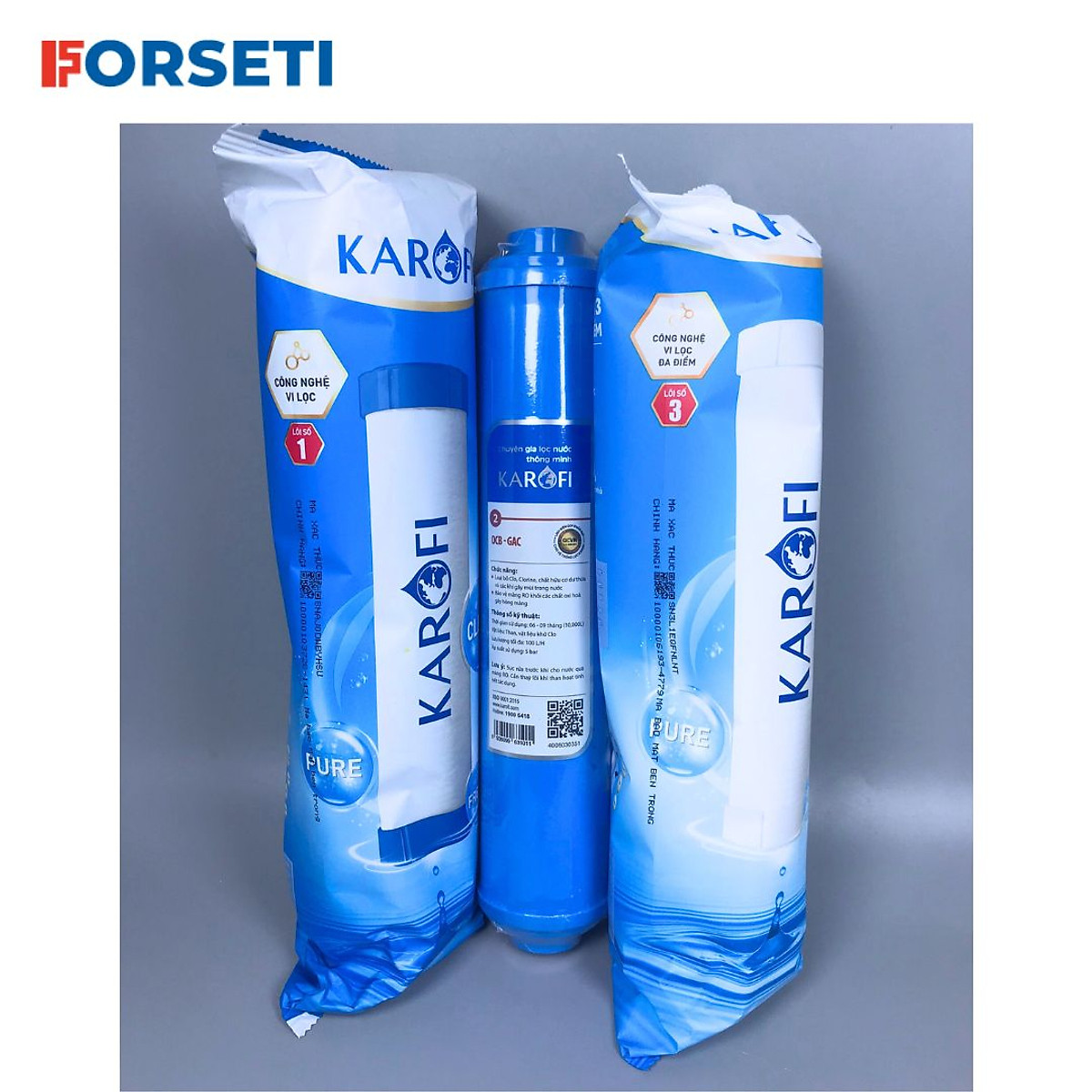 Bộ 3 lõi lọc nước 123 hàng chính hãng Karofi với lõi số 2 OCB nhỏ cắm nhanh, dùng cho các dòng máy N-e.