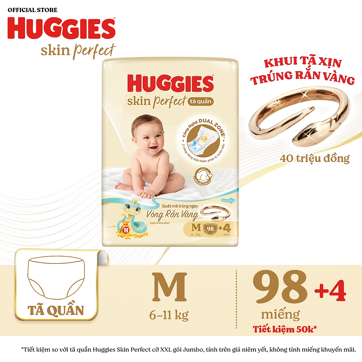 Tã quần Huggies Skin Perfect Mega Jumbo M98+4 với 2 vùng thấm giảm kích ứng da