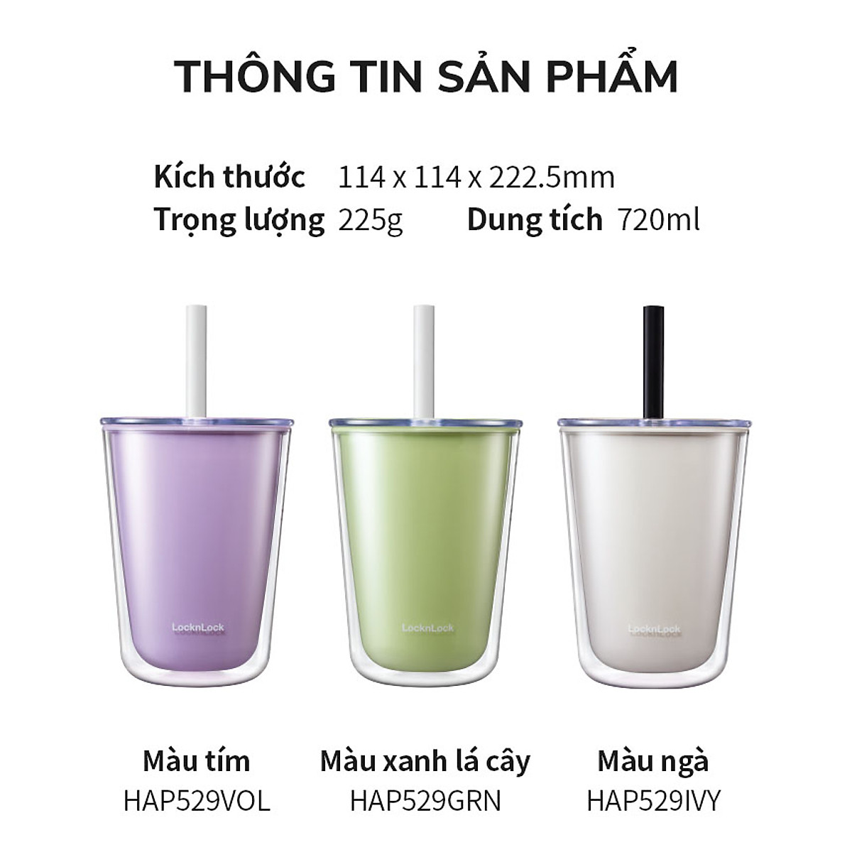 Ly nhựa 2 lớp Bubble Tea Cold Cup LocknLock HAP529 - Kèm ống hút - Dung tích 720ml