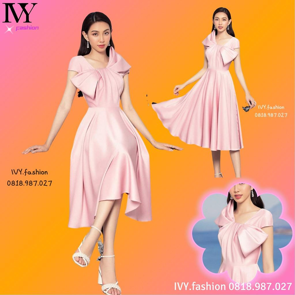 Đầm xòe ren hồng sen cánh dơi #13 Đầm xòe ren hồng sen cánh dơi
