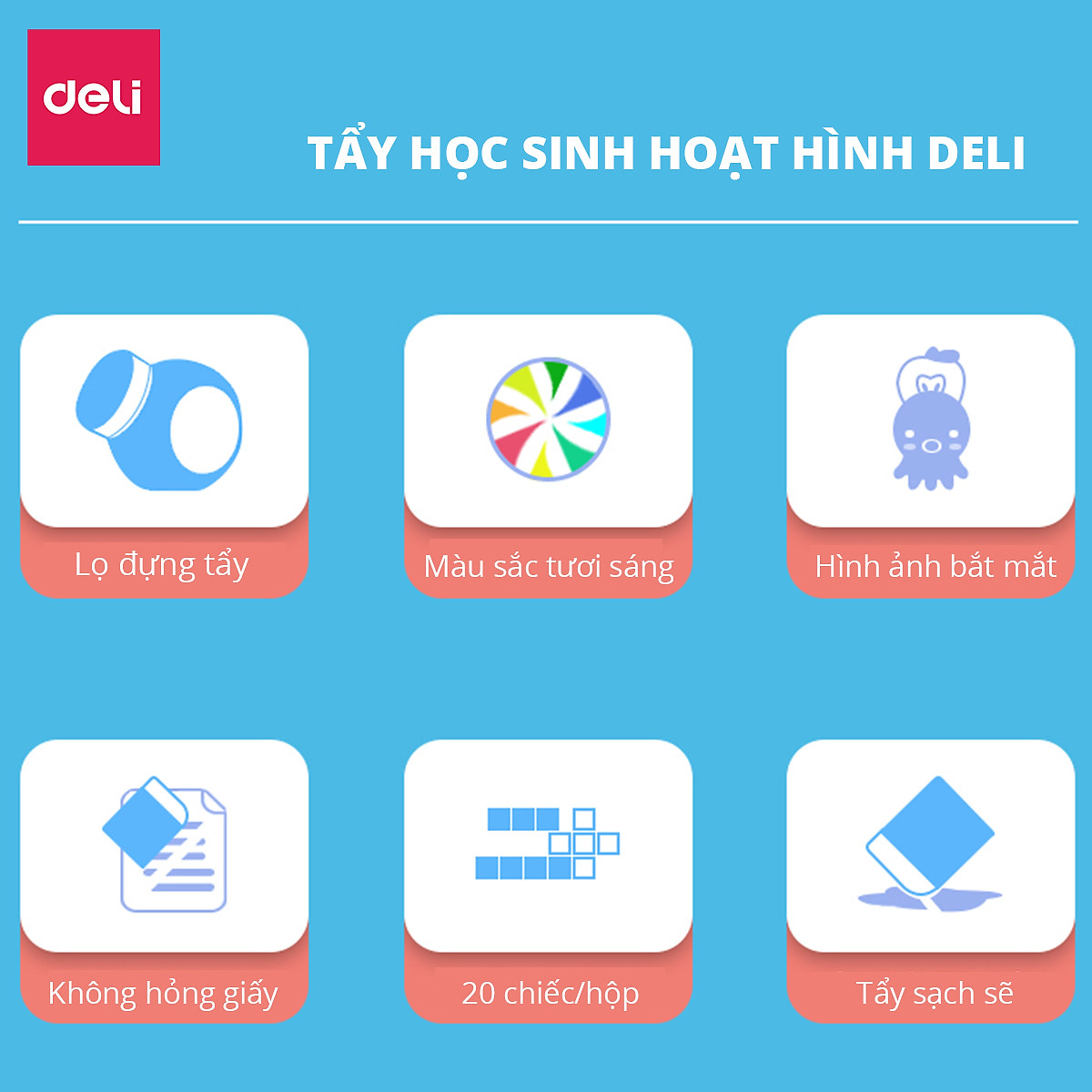 Gôm tẩy học sinh Deli đủ màu - 20 chiếc - 7533