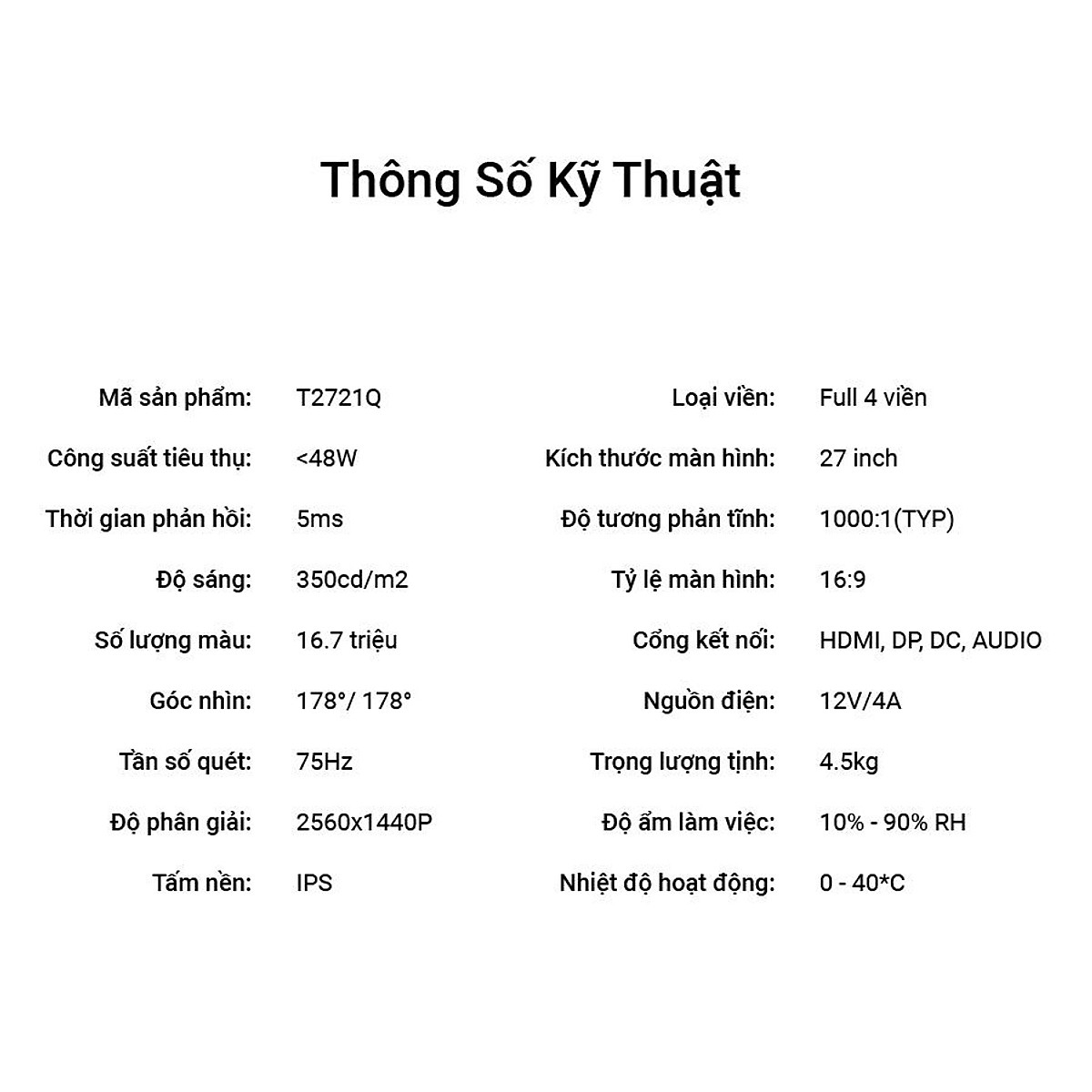 Màn Hình Máy Tính TOMKO 27 inch 2K T2721Q – Tấm nền IPS Tần số quét 75HZ- Hàng chính hãng