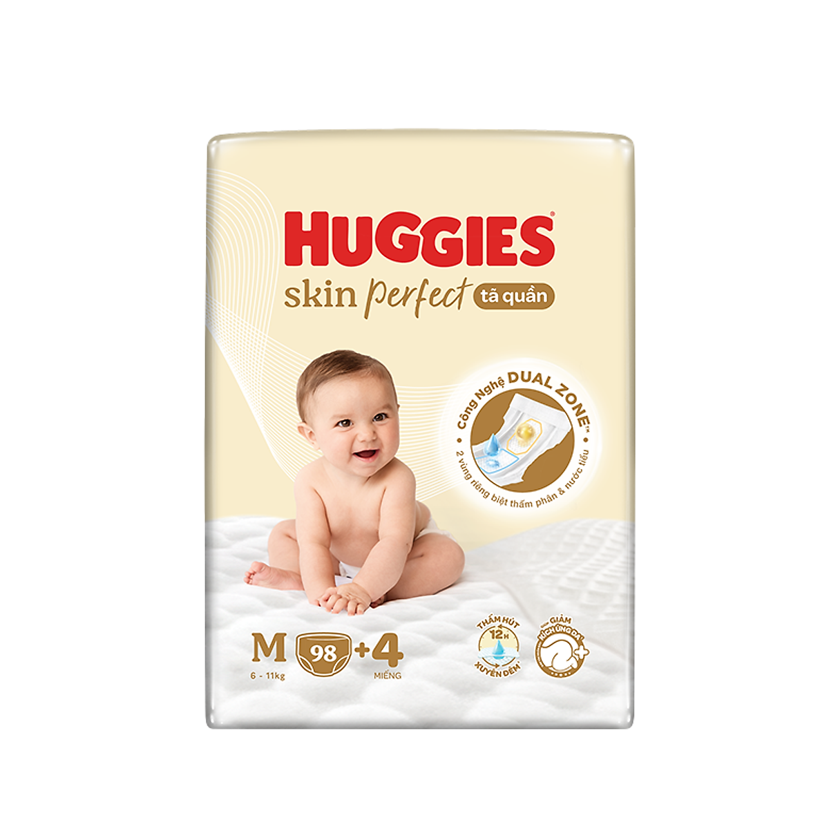 Tã quần Huggies Skin Perfect Mega Jumbo M98+4 miếng với 2 vùng thấm giảm kích ứng da