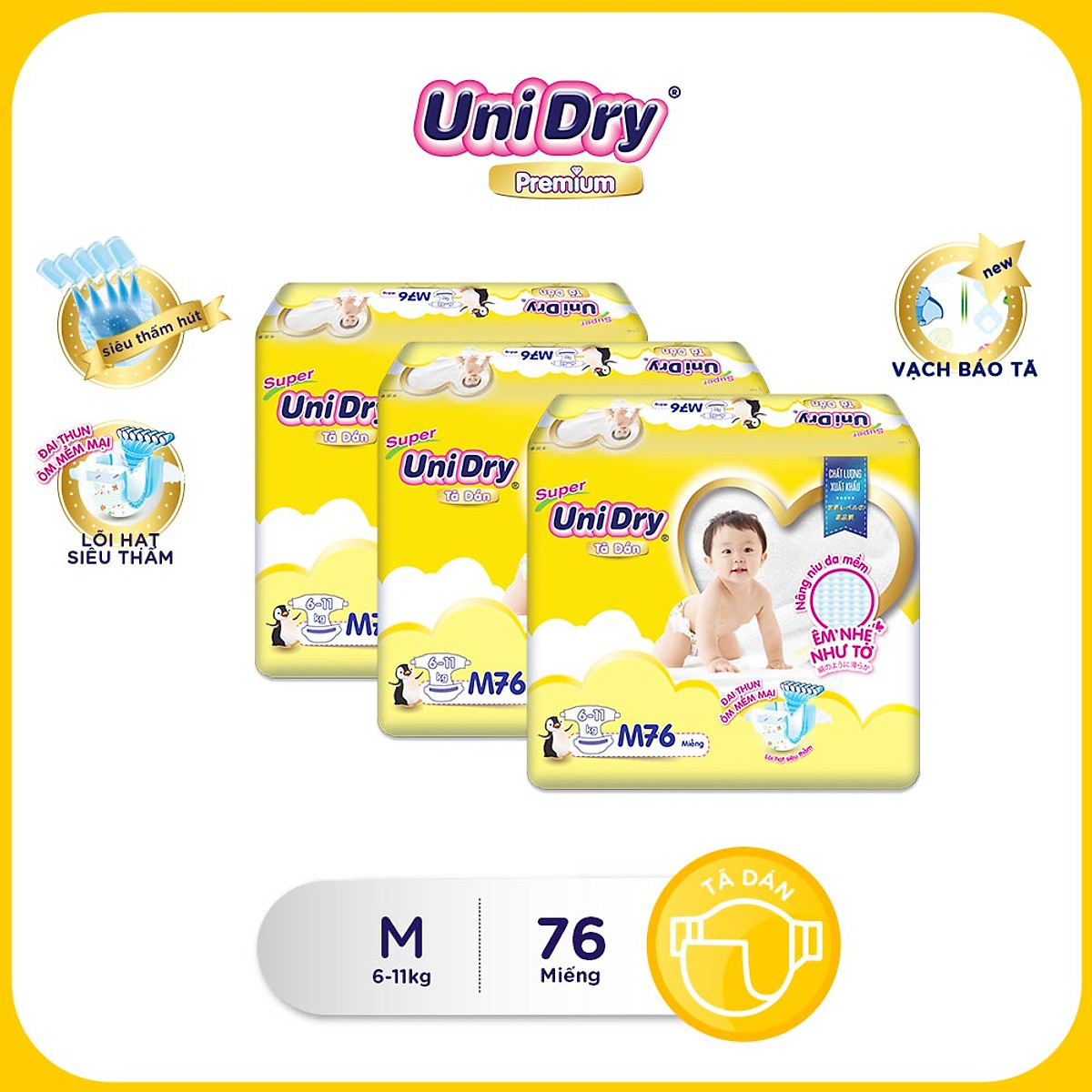 Combo 3 tã dán gói Jumbo UniDry M76-L68-XL62