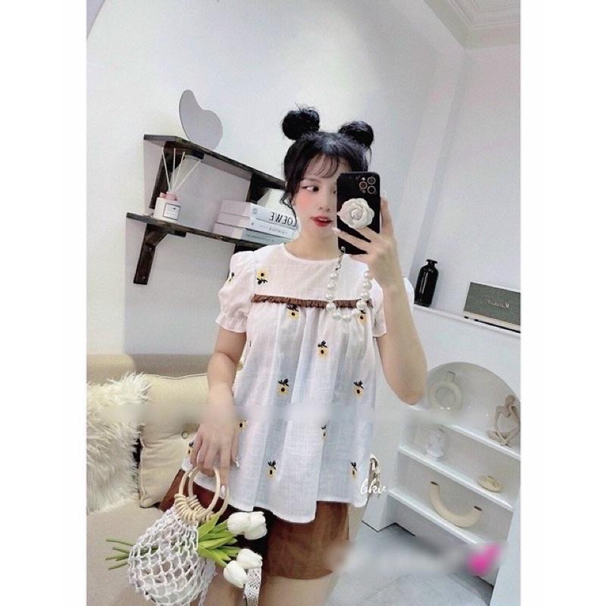 Set Áo Babydoll Hoa Thêu Kèm Quần Short Nâu