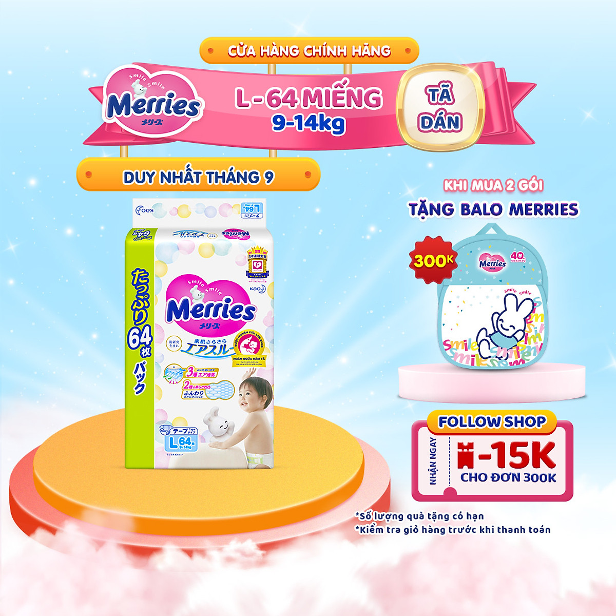 Đủ size Tã/bỉm dán Merries Jumbo đủ size M76/L64