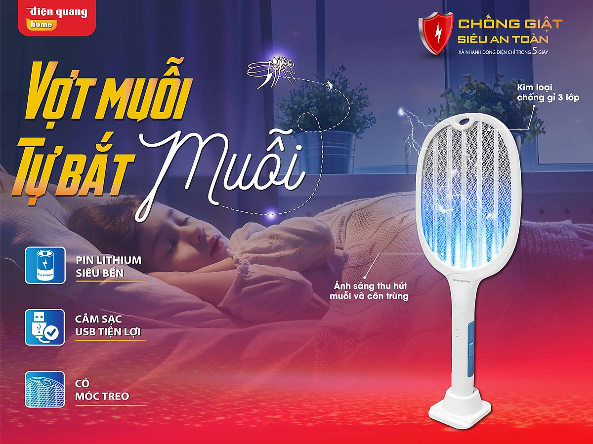 Vợt Muỗi 2 Trong 1 Điện Quang ĐQ EMR10 W - Vợt muỗi kiêm đèn bắt muỗi thông minh, tự động, Pin 1200 mAh, Bảo Hành 12 tháng