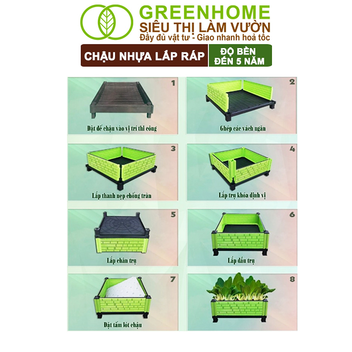 Chậu Trồng Cây Greenhome, Nhựa Nguyên Sinh Lắp Ráp, Nhiều Kích Thước, Trồng Hoa Hồng, Rau, Củ, Quả, Độ Bền 5 Năm