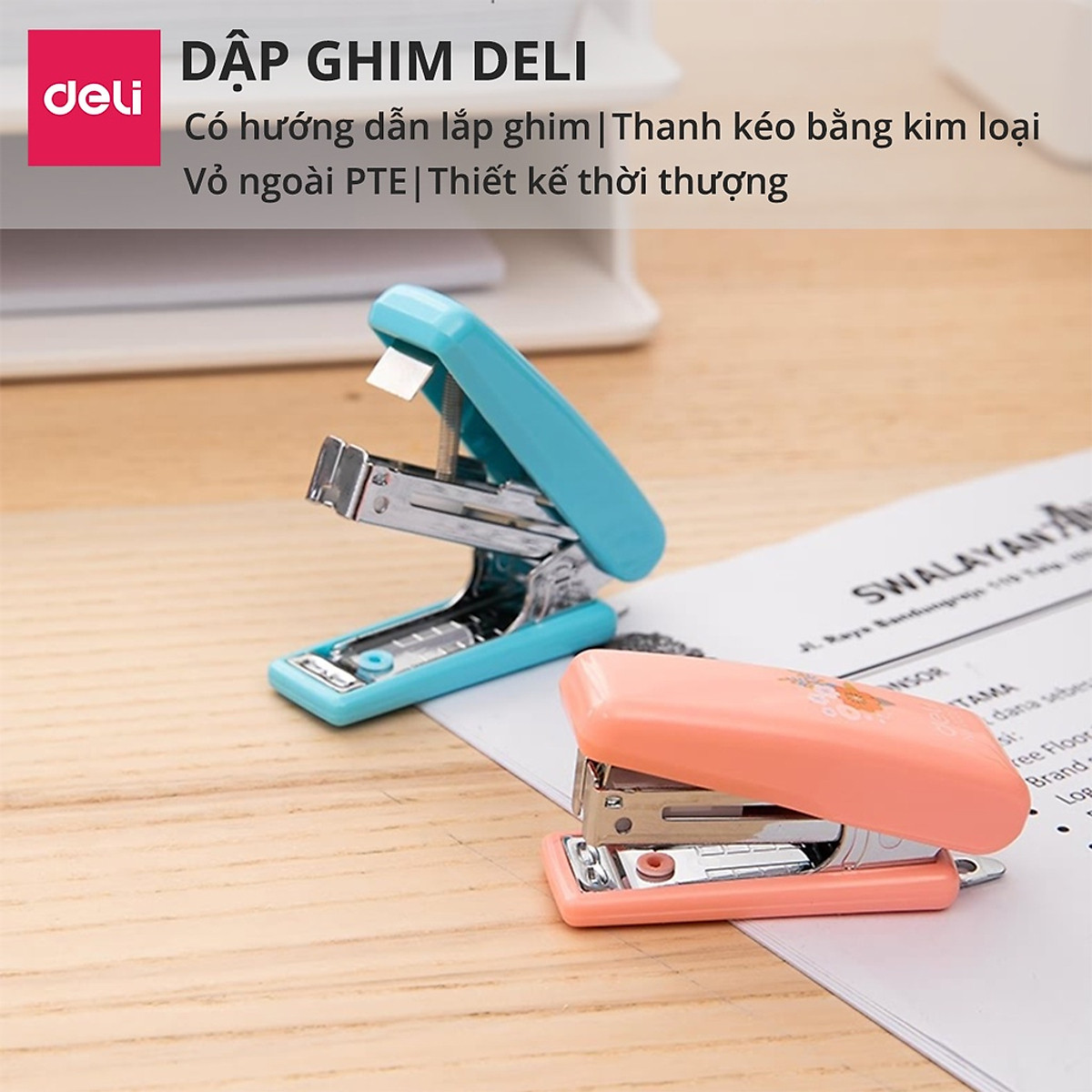 Dập ghim 10 Deli - Kèm 1000 ghim - Xanh, vàng, trắng, hồng - 1 cái E0254