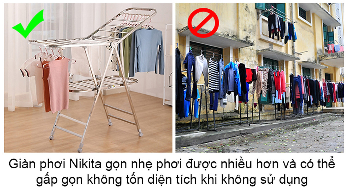 Giàn phơi, kệ phơi đồ Inox xếp gọn có bánh xe - Chính hãng NIKITA 818ABX
