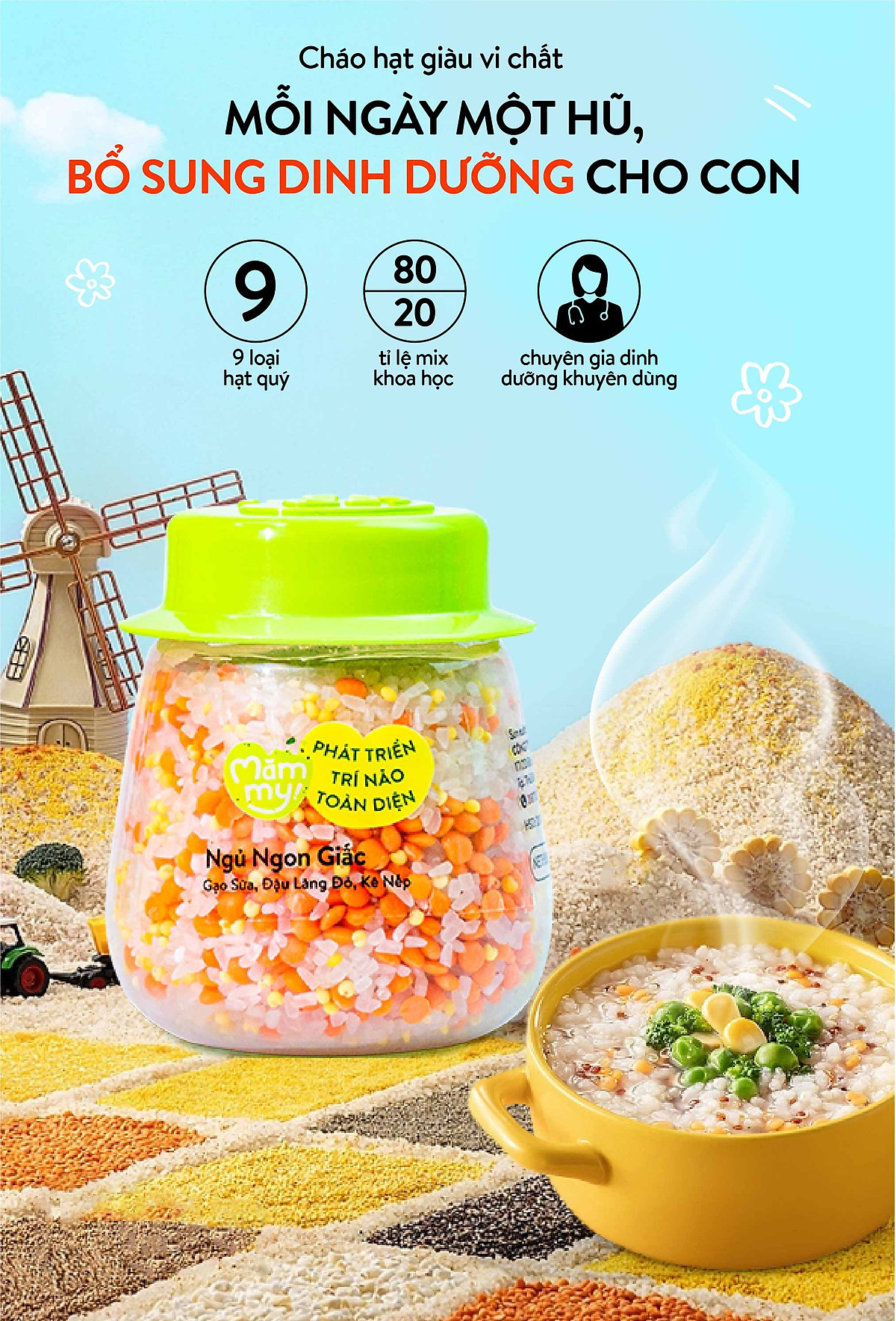 Combo 9 hũ hạt mix sẵn Mămmy nấu cháo bổ sung chất dinh dưỡng tiện lợi cho bé ăn dặm trên 6 tháng, 130gr/ 1 hũ