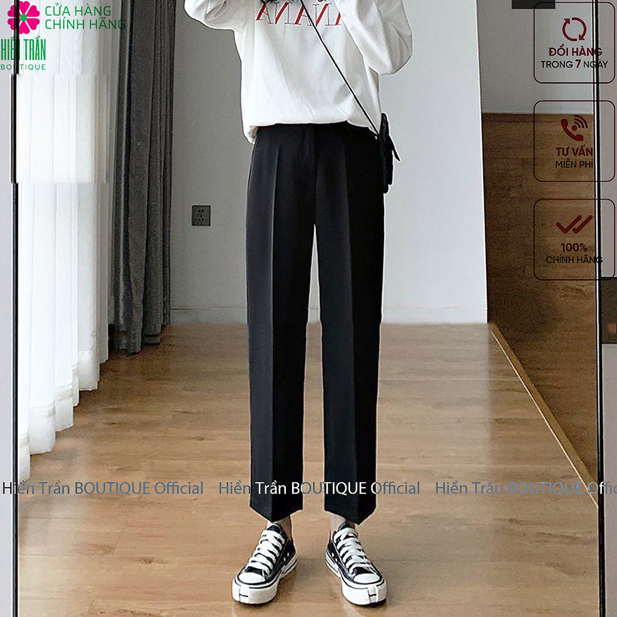 Quần baggy nữ Hiền Trần BOUTIQUE ống đứng, phom dáng Hàn Quốc màu đen xám, đồ công sở đi học