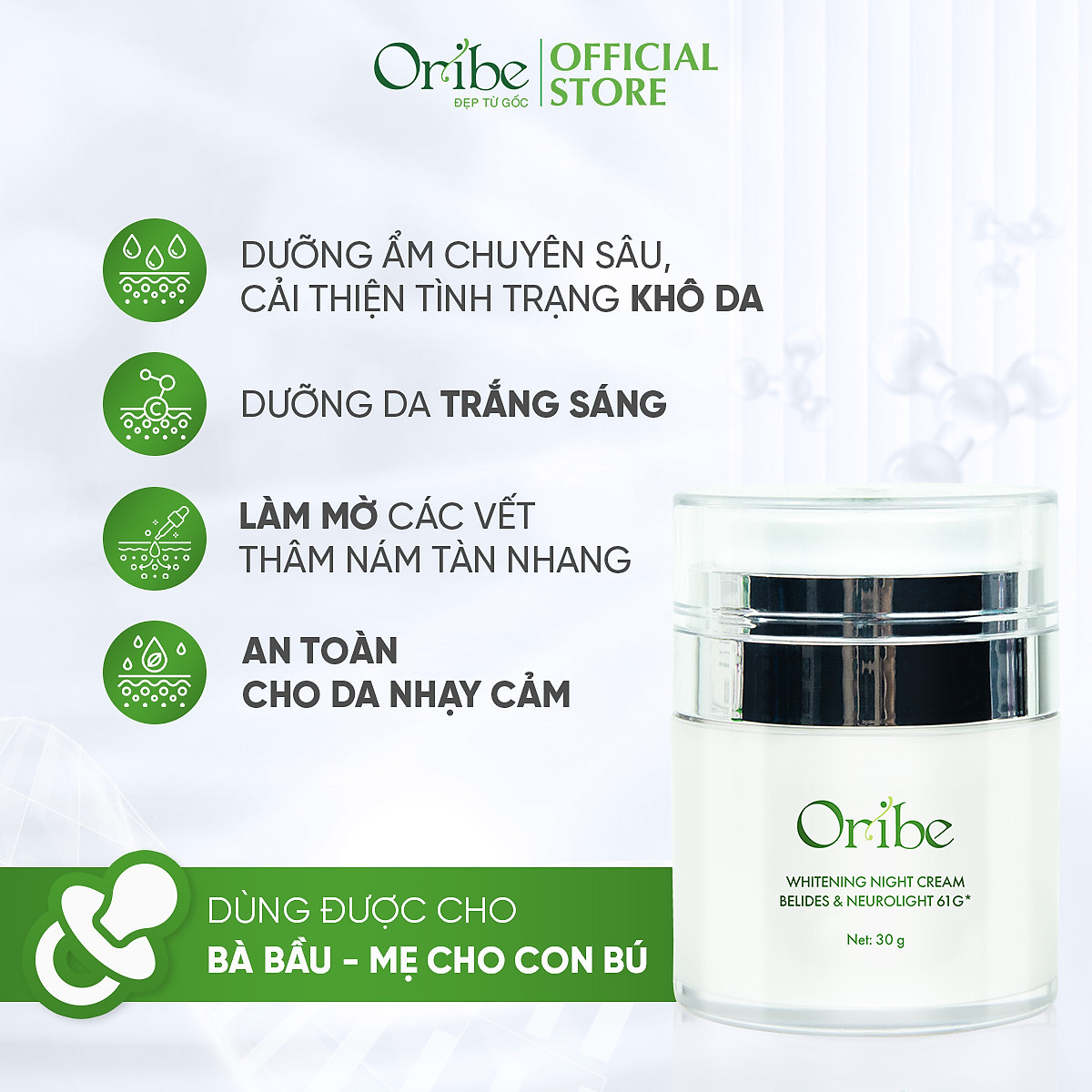 Kem Dưỡng Trắng Da Ban Đêm Oribe Dưỡng Ẩm Làm Mờ Thâm Nám 30g