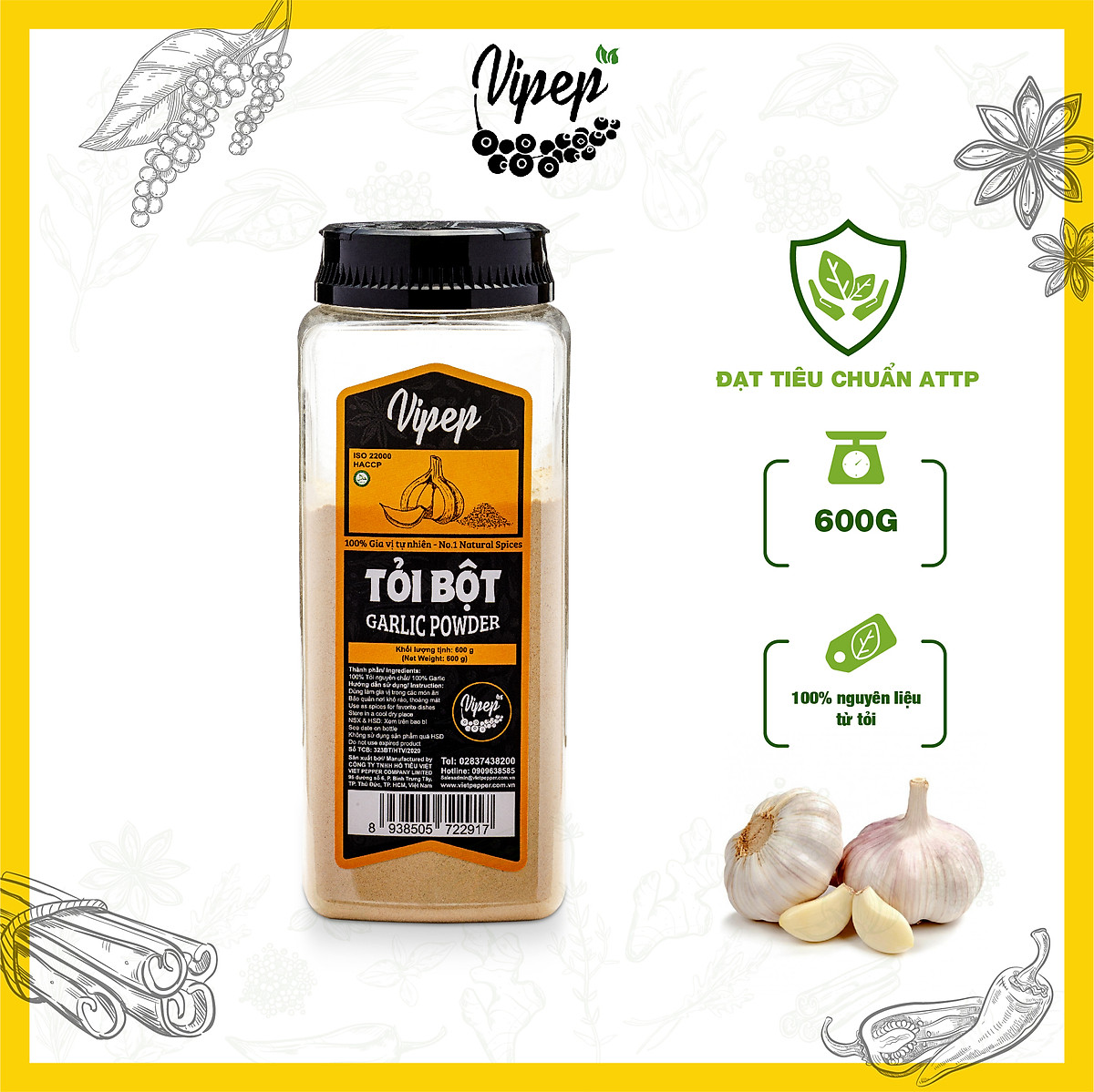 Tỏi Bột Tự Nhiên Vipep Hũ Nhựa 600g