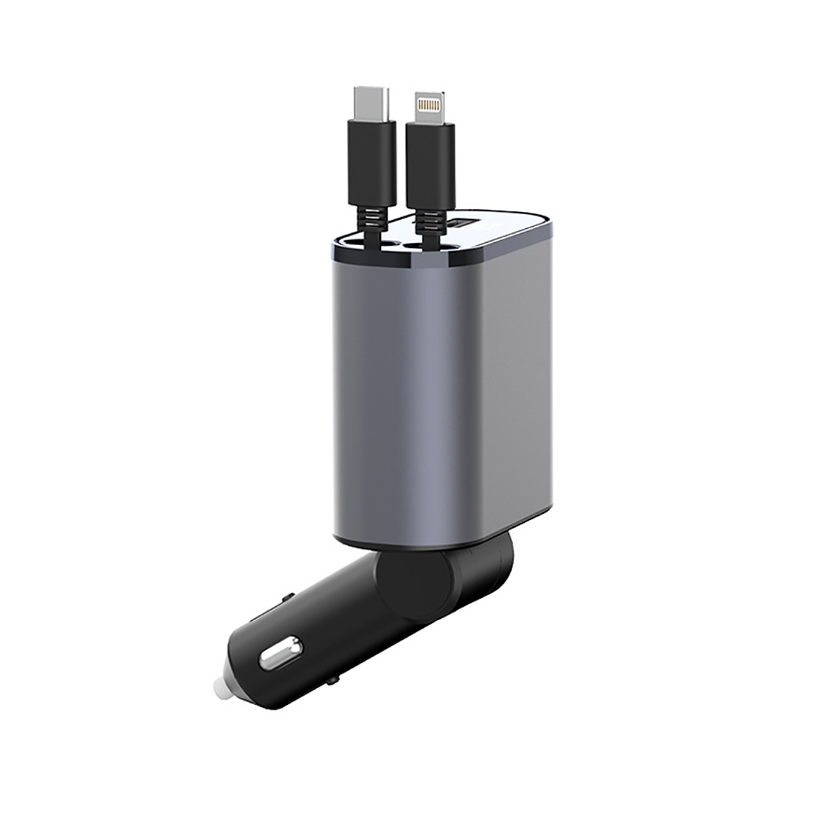 Tẩu Sạc Nhanh Xe Ô Tô TÍCH HỢP DÂY Sạc Type C, Lightning 100W | Hiển Thị Thông Số Sạc, Dây Rút Chống Rối, 4in1