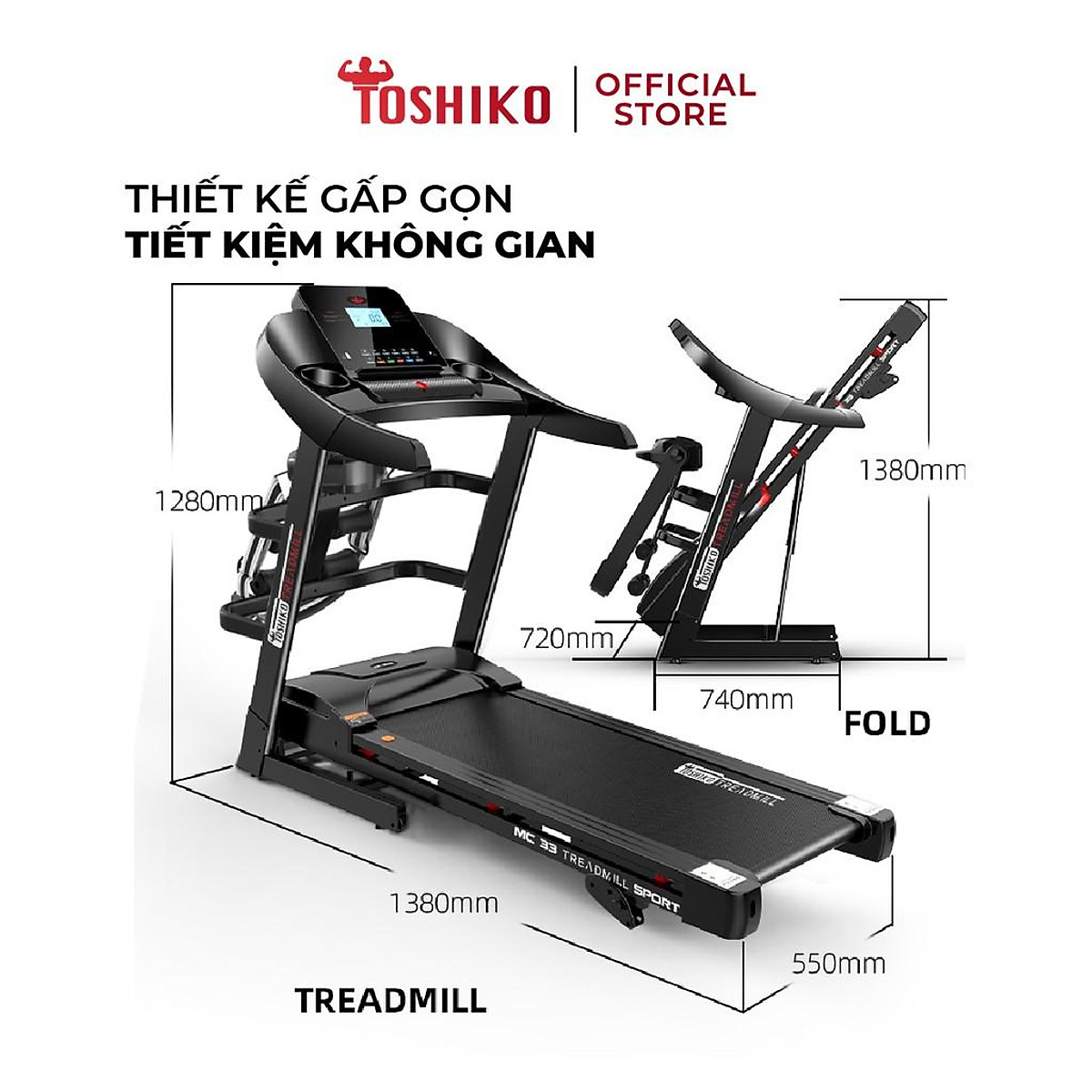 Máy chạy bộ đa năng tại nhà Toshiko MC33 PRO, chức năng nâng dốc tự động theo nhu cầu, kèm theo đai massage và thanh gập bụng, đồng hồ hiển thị thông số nhịp tim, calo tiêu thụ